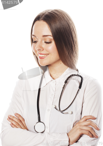 Image of young pretty woman doctor with stethoscope on white background 
