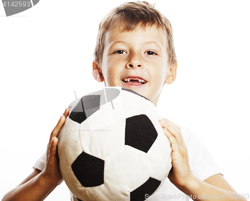 Image of little cute boy playing football ball isolated on white close up