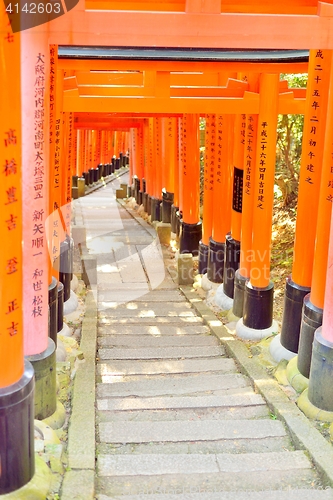 Image of Red torii gates and stone steps at Fushimi Inari Shrine, Kyoto. Wishes written in Japanese on the posts.