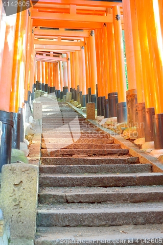 Image of Red torii gates and stone steps at Fushimi Inari Shrine, Kyoto.