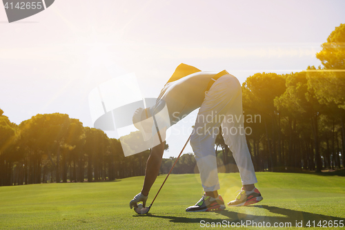 Image of golf player placing ball on tee.