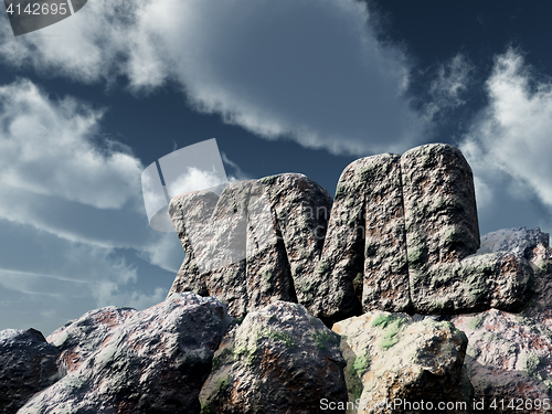Image of xml rock under cloudy sky - 3d rendering