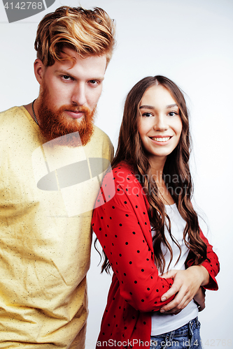 Image of young attractive couple together having fun happy smiling isolated on white background, emotional posing, lifestyle people concept