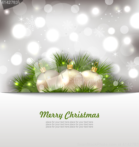 Image of Merry Christmas Card with Fir Twigs and Golden Balls