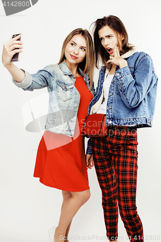 Image of best friends teenage girls together having fun, posing emotional on white background, besties happy smiling, lifestyle people concept