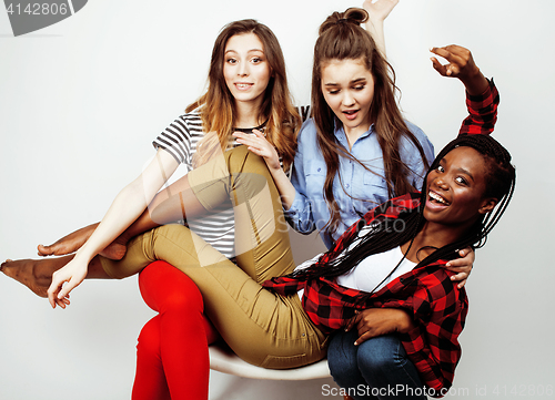 Image of diverse multi nation girls group, teenage friends company cheerful having fun, happy smiling, cute posing isolated on white background, lifestyle people concept, african-american and caucasian