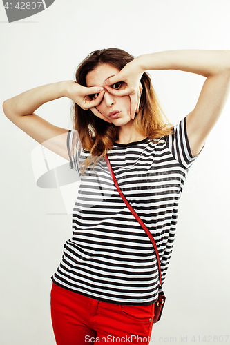 Image of young pretty stylish hipster girl posing emotional isolated on white background happy smiling cool smile, lifestyle people concept