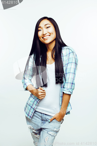 Image of young pretty asian woman posing cheerful emotional isolated on white background, lifestyle people concept