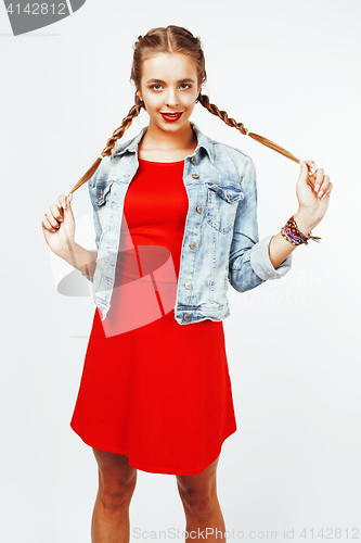 Image of young pretty stylish hipster blond girl with pigtails posing emotional isolated on white background happy smiling cool smile, lifestyle people concept