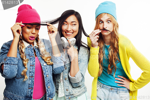 Image of diverse nation girls group, teenage friends company cheerful having fun, happy smiling, cute posing isolated on white background, lifestyle people concept