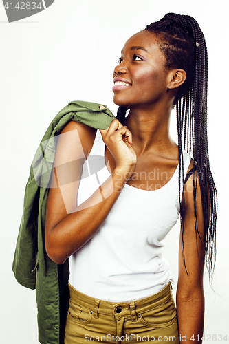 Image of young pretty african-american girl posing cheerful emotional on white background isolated, lifestyle people concept