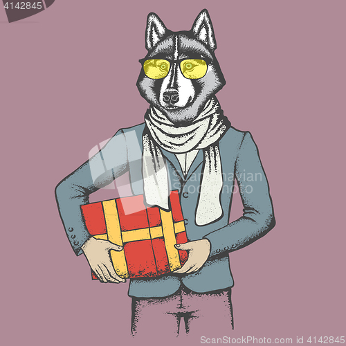 Image of Husky in human suit with gift