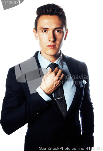 Image of young pretty business man standing on white background, modern hairstyle, posing emotional, lifestyle people concept