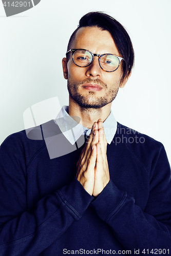 Image of handsome middle age hipster man with modern hairstyle and tattoo, beard, close up on white background