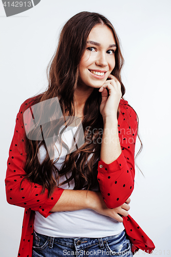 Image of young pretty stylish hipster girl posing emotional isolated on white background happy smiling cool smile, lifestyle people concept