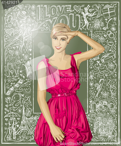 Image of Vector Surprised Blonde in Pink Dress Against Love Background