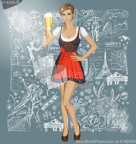 Image of Vector Cute Woman In Drindl With Beer Against Love Background