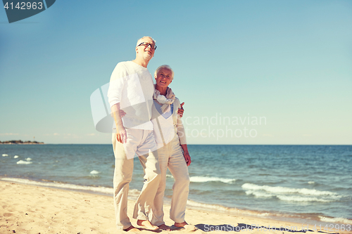 Image of happy senior couple walking along summer beach