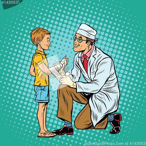 Image of Retro doctor bandaging boy injured arm