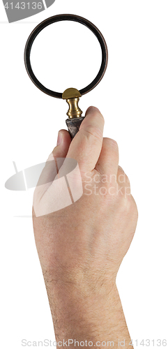 Image of Male Hand Holding Magifying Glass Isolated on White