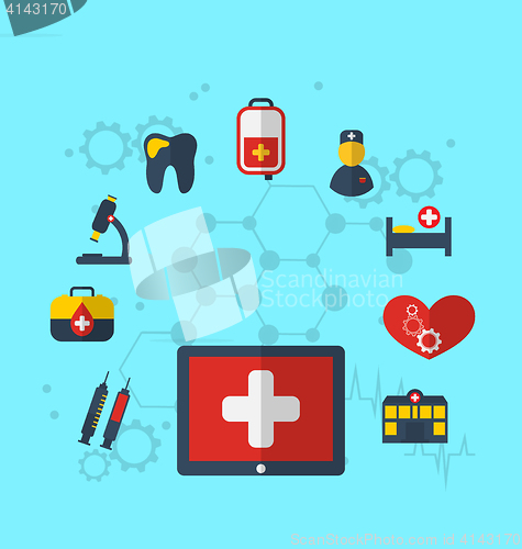 Image of Tablet pc with medical icons for web design, modern flat style