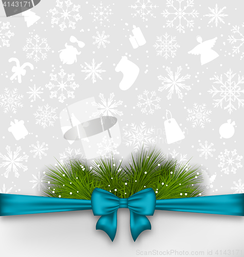 Image of Christmas background with bow ribbon and fir twigs 