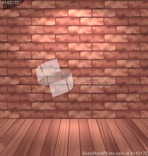 Image of Brown brick wall with wooden floor, empty room interior with lig