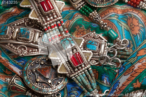 Image of Handmade Jewelry On Fabric Background