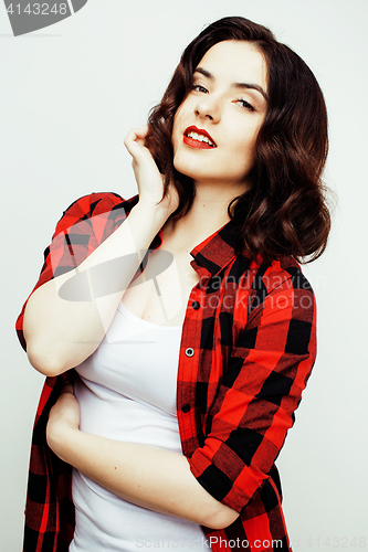 Image of young pretty stylish hipster girl posing emotional isolated on white background happy smiling cool smile, lifestyle people concept