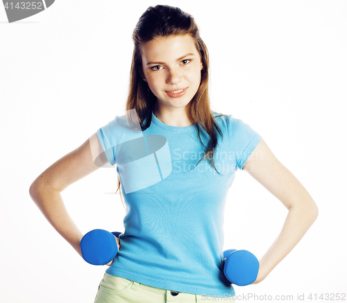 Image of young pretty slim woman with dumbbell isolated cheerful smiling, real sport girl next door, lifestyle people concept