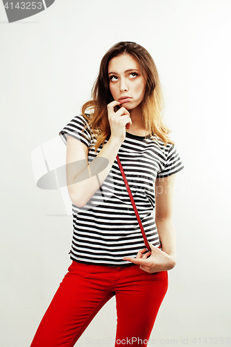 Image of young pretty stylish hipster girl posing emotional isolated on white background happy smiling cool smile, lifestyle people concept