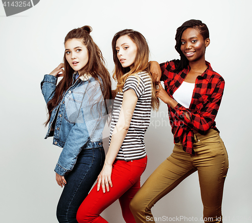 Image of diverse multi nation girls group, teenage friends company cheerful having fun, happy smiling, cute posing isolated on white background, lifestyle people concept, african-american and caucasian