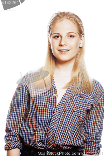 Image of young pretty girl blond teenager on white isolated blond happy smiling, lifestyle people concept