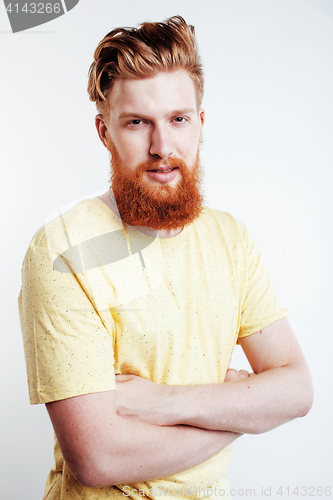 Image of young handsome hipster bearded guy looking brutal isolated on white background, lifestyle people concept