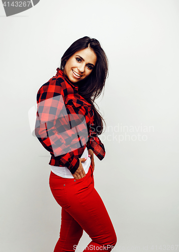 Image of young happy smiling latin american teenage girl emotional posing on white background, lifestyle people concept