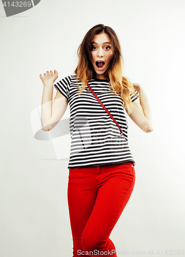 Image of young pretty stylish hipster girl posing emotional isolated on white background happy smiling cool smile, lifestyle people concept
