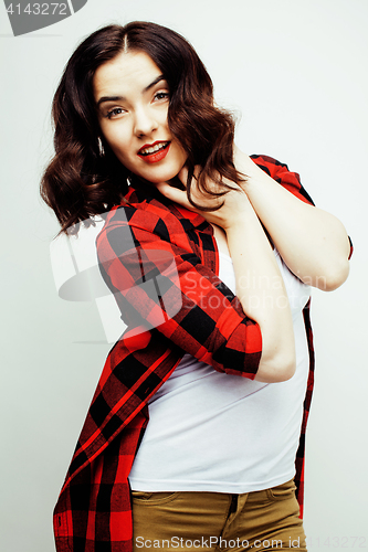 Image of young pretty stylish hipster girl posing emotional isolated on white background happy smiling cool smile, lifestyle people concept