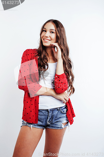Image of young pretty stylish hipster girl posing emotional isolated on white background happy smiling cool smile, lifestyle people concept