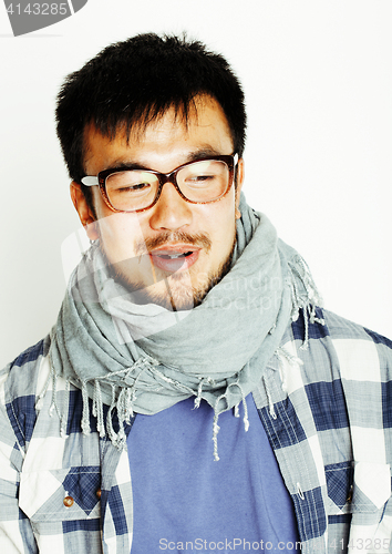 Image of young handsome asian man hipster in glasses on white background 