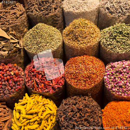 Image of Spices and herbs being sold on Morocco traditional market.