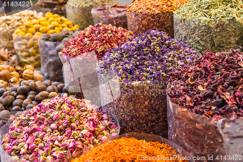 Image of Spices and herbs being sold on Morocco traditional market.