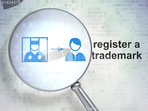 Image of Law concept: Criminal Freed and Register A Trademark with optical glass