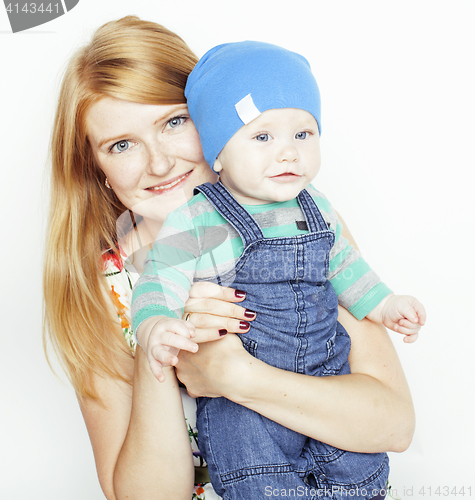 Image of young beauty mother with cute baby, red head happy modern family isolated on white background close up, lifestyle people concept