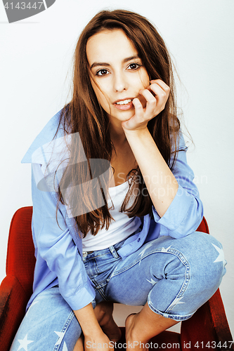 Image of young pretty stylish hipster girl posing emotional isolated on white background happy smiling cool smile, lifestyle people concept