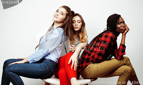 Image of diverse multi nation girls group, teenage friends company cheerful having fun, happy smiling, cute posing isolated on white background, lifestyle people concept, african-american and caucasian