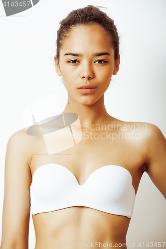 Image of young pretty african american woman close up isolated on white background, asian mulatto tanned nude makeup, lifestyle spa people concept