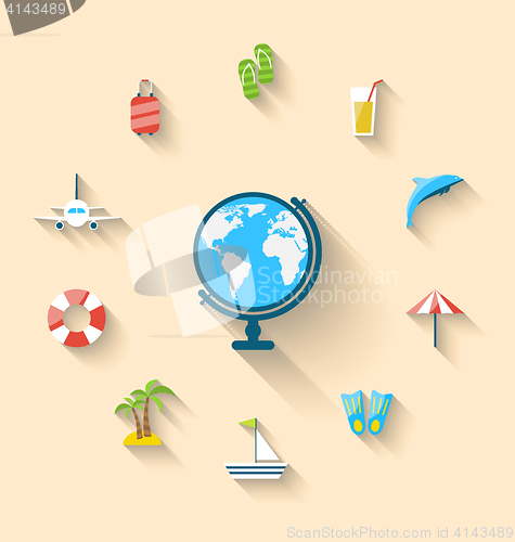 Image of Flat set icons tourism objects and equipment with globe, long sh