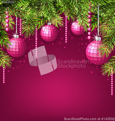 Image of Pink Wallpaper with Fir Twigs and Glassy Balls