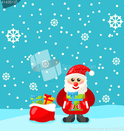 Image of Jolly Christmas Santa Holding Up A Stack Of Presents