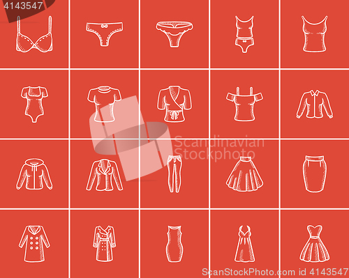 Image of Clothes for women sketch icon set.